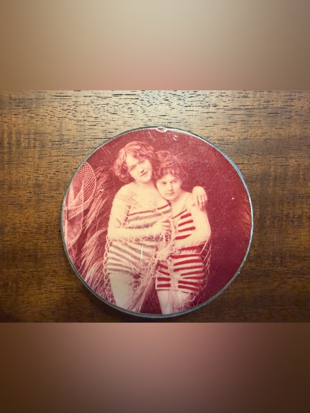 Upcycled Vintage Round belt buckle with Children in Striped Swimsuits -